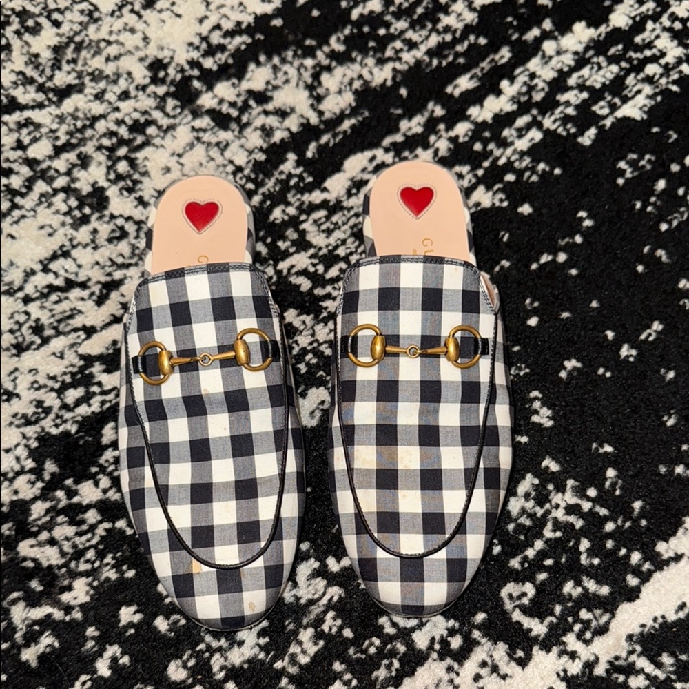 Gucci Black and White Gingham Mules with Gold Accents